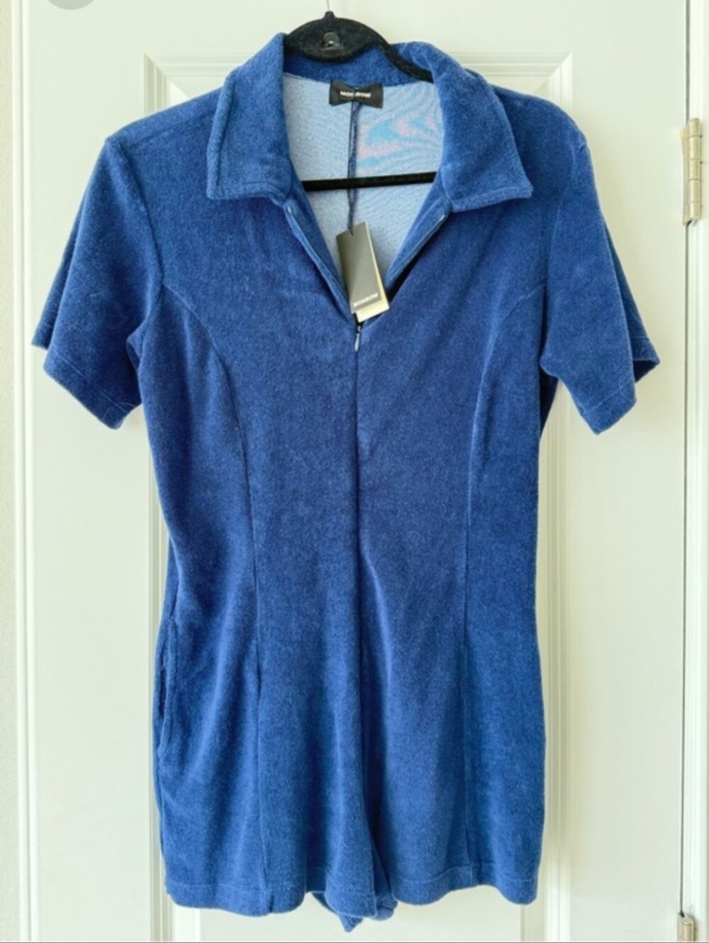 Monrow Blue Terry Zip-Front Collar Top